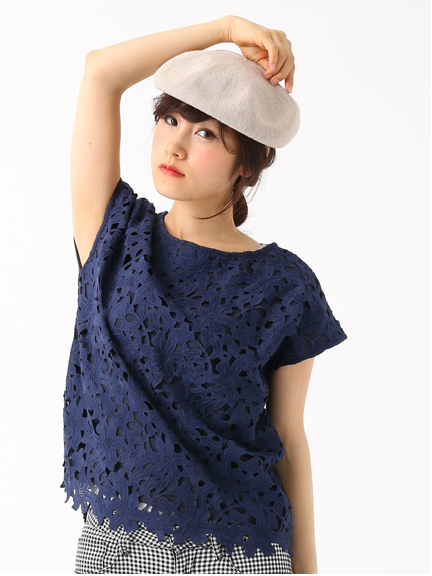 クルーネックレース半袖プルオーバー