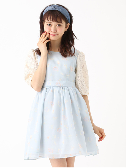 レーススリーブフラワープリントワンピース