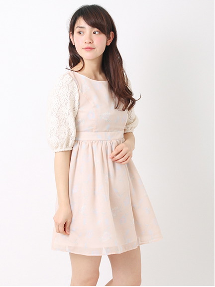 <WEB限定大きな・小さなサイズ>レーススリーブフラワープリントワンピ