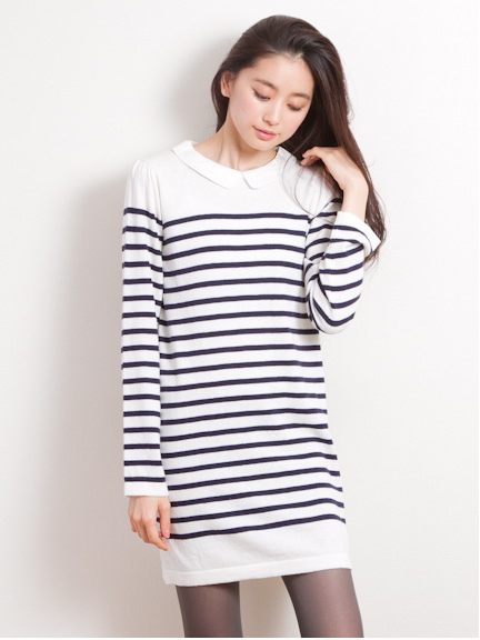衿付きボーダーAラインニットワンピース