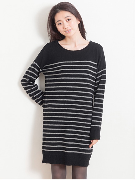 ドロップショルダーボーダーニットワンピース