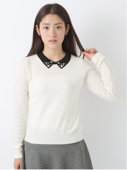 ビジュー衿ニットプルオーバー