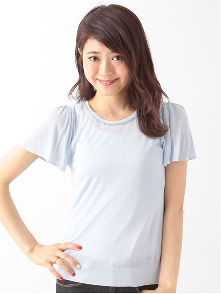 袖フリルビジューニットプルオーバー