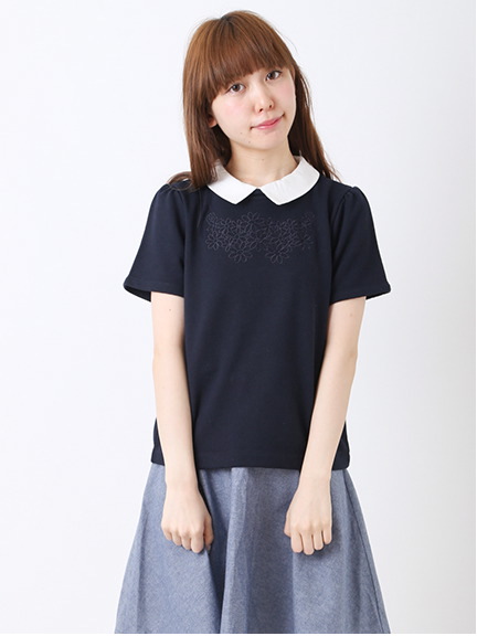 <WEB限定大きな・小さなサイズ>フラワーカットワーク衿付プルオーバー