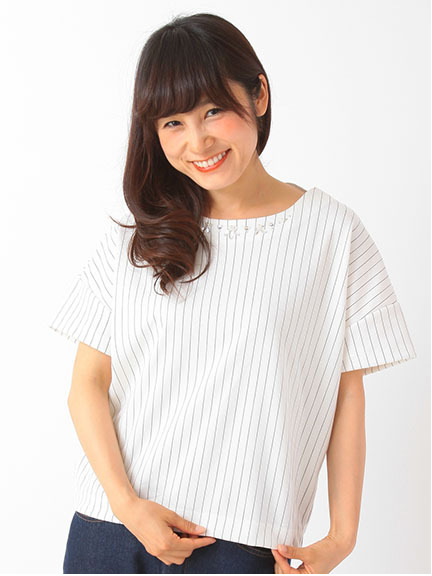 【Special Price】衿ぐりタックビジューストライププルオーバー