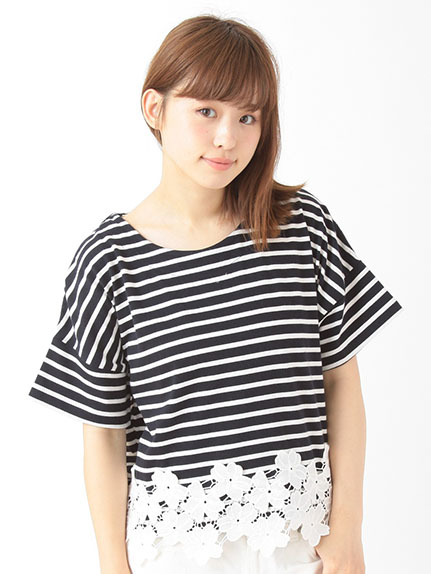 【Special Price】裾フラワーレースボーダープルオーバー