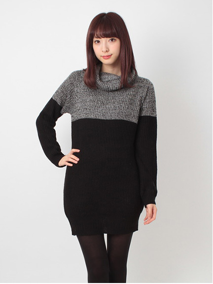 オフタートル配色ニットワンピース