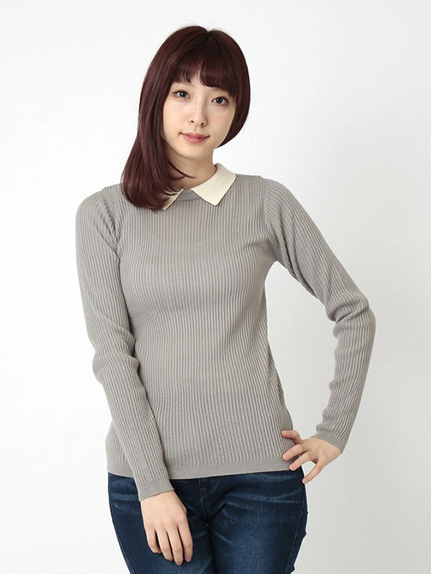 ・衿付きリブ編みニットプルオーバー