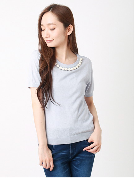 E hyphen world gallery パール衿半袖ニットプルオーバー