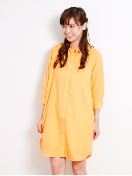 ・コットンリネンベーシック7分袖シャツワンピース