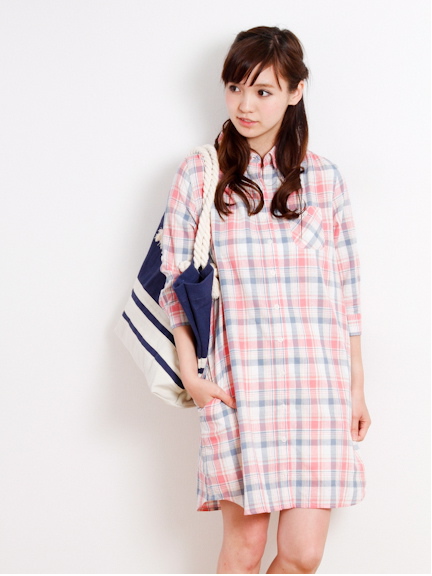 コットンリネンマルチカラー7分袖シャツワンピース