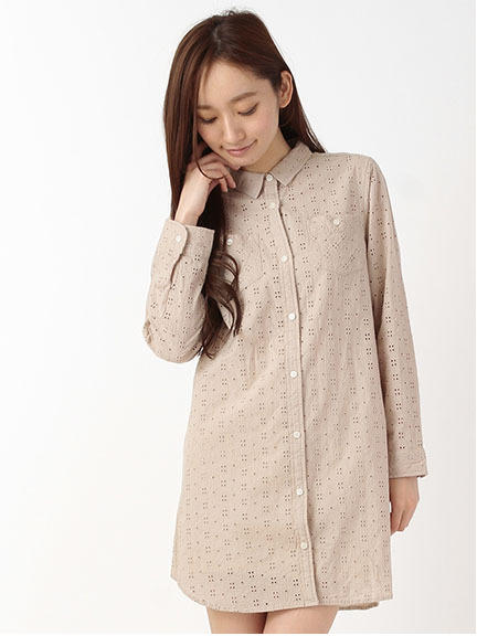 綿ローン総柄刺繍 長袖シャツワンピース