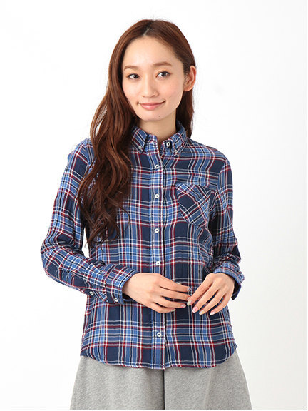 ・ダブルガーゼ先染チェック ボタンダウンシャツ