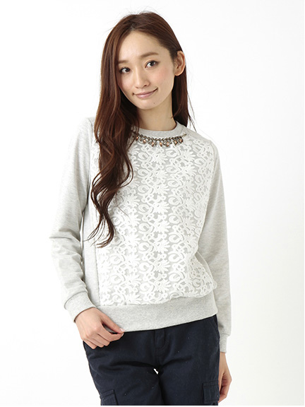 【Special Price】・ネックレス付レース切替 長袖プルオーバー