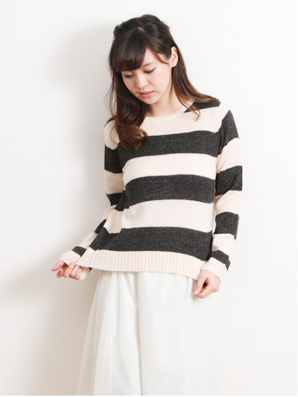 ワイドボーダーニット長袖プルオーバー