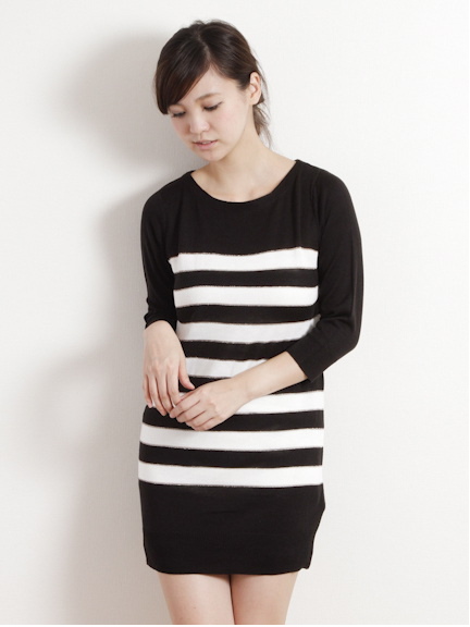 アクリルボーダー 7分袖ワンピース