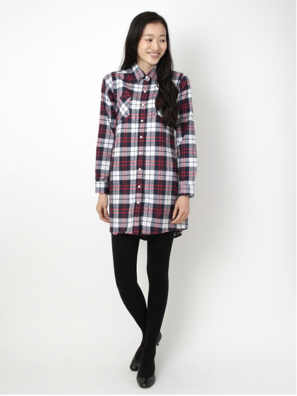 ・タータンチェック 長袖シャツワンピース