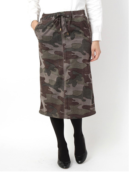 ・フリース迷彩柄プリント ミモレ丈スカート