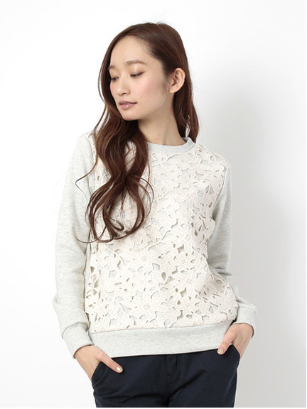 ・レース付 長袖クルーネックプルオーバー