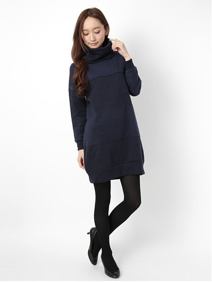 ・TC裏起毛 タートルネック切替長袖ワンピース
