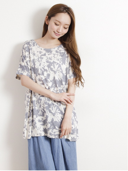 Nフラワープリント5分袖カットチュニック