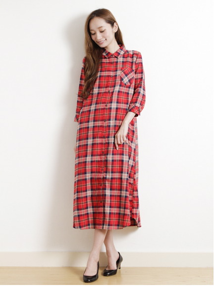 Aチェック7分袖マキシワンピース