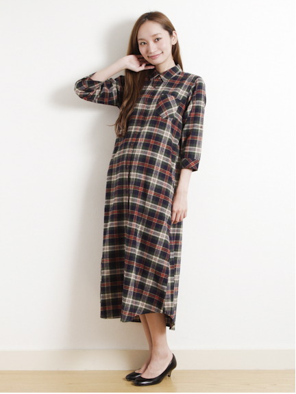Aチェック7分袖マキシワンピース