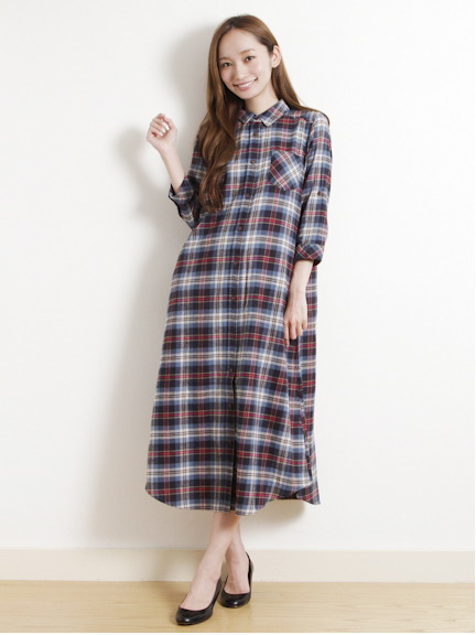Aチェック7分袖マキシワンピース