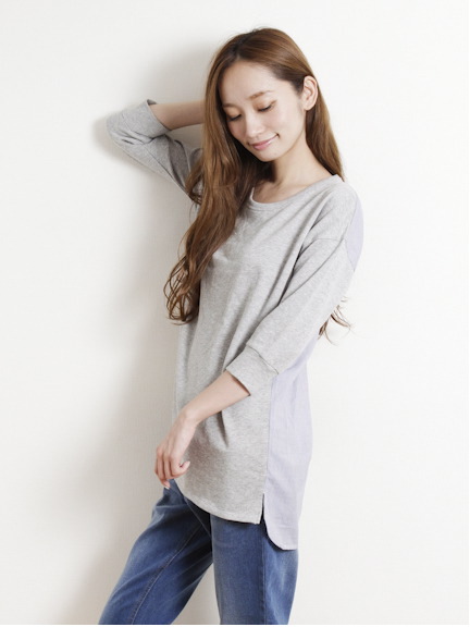 Nバックストライプ裏毛7分袖チュニック