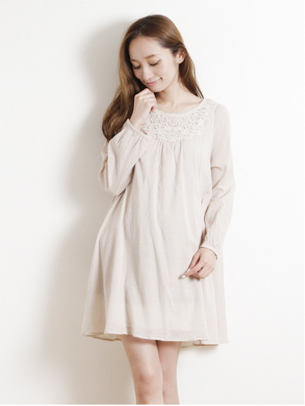 U レースフレア長袖ワンピース