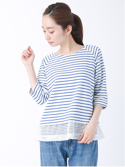 Green Parks ボーダー×裾レース7分袖プルオーバー