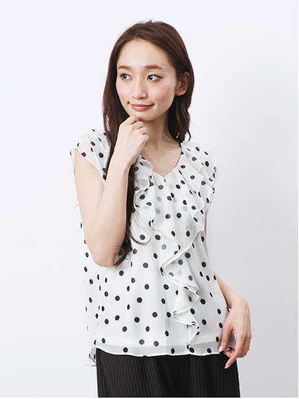 ・ドット柄ラッフルブラウス2