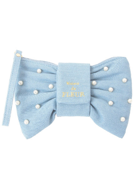 ・デニムパールリボンブルーポーチ