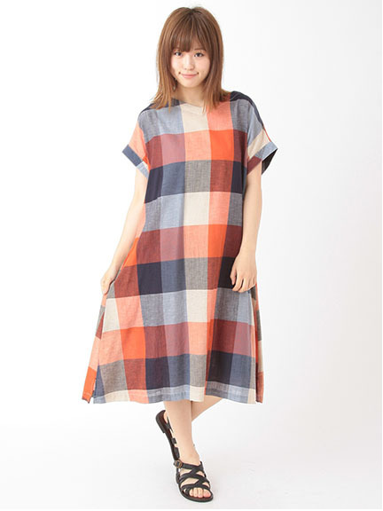 綿麻大柄チェックワンピース 1101914-23-11-12