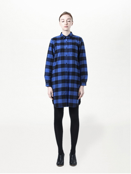 ブロックチェック柄長袖シャツワンピース